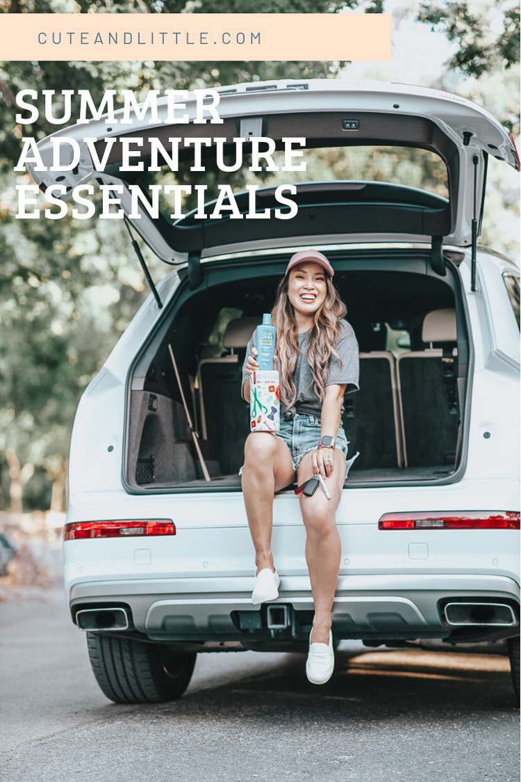 cute & little | popular dallas fashion blog | summer adventure vacation essentials | 4 Essentials For The Family Summer Vacation Packing List by popular Dallas petite fashion blog, Cute and Little: image of a woman sitting in the back of her car with some overlay text.