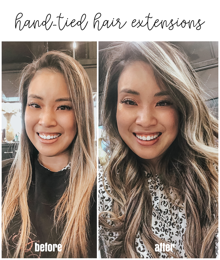 cute & little | popular dallas fashion blog | hand-tied hair extensions before/after faq | Everything You Need To Know About Tie In Hair Extensions by popular Dallas beauty blog, Cute and Little: before and after image of a woman with tie in hair extensions.