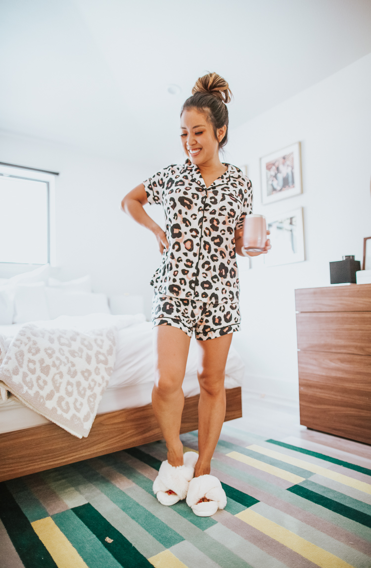 cute & little | august 2019 top sellers | target stars above leopard pajamas set | August 2019 Top Sellers by popular Dallas petit fashion blog, Cute and Little: image of a woman wearing Target Women's Leopard Print Beautifully Soft Notch Collar Pajama Set.