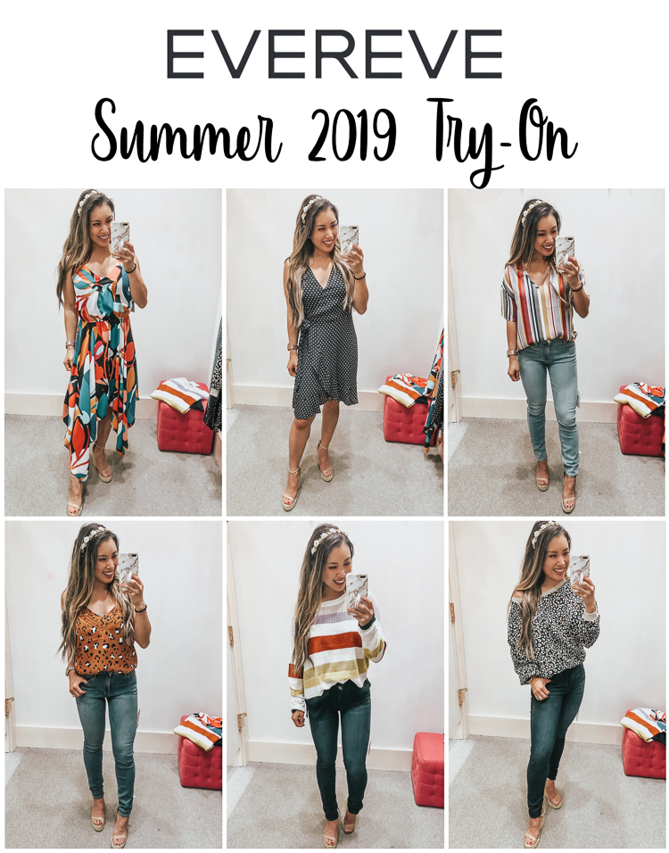 cute & little | popular dallas fashion blog | evereve august summer 2019 try-on | Evereve Summer Collection 2019 Try-On by popular Dallas fashion blog, Cute and Little: collage image of a woman in a dressing room trying on clothing items from the 2019 Evereve Summer Collection.