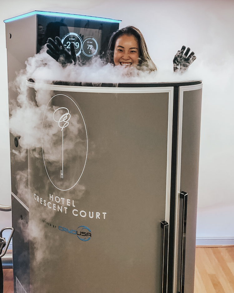 cute & little | dallas beauty lifestyle mom blog | self care spa day ritual | spa at crescent court facial cryotherapy review | Self Care Spa Day: Facial + Cryo At The Crescent Court in Dallas by popular Dallas beauty blog, Cute and Little: image of a woman getting a cryotherapy treatment.