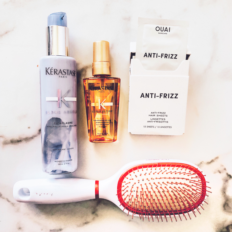 cute & little | popular dallas beauty blog | 5 products tools to beat frizzy hair | Rev-Air Review + GIVEAWAY by popular Dallas beauty blog, Cute and Little: image of Kerastase Cicaplasme, Kerastase Elixir Ultime Oil, and Ouai Anti-Frizz Hair Sheets Goody Clean Radiance Hair Brush