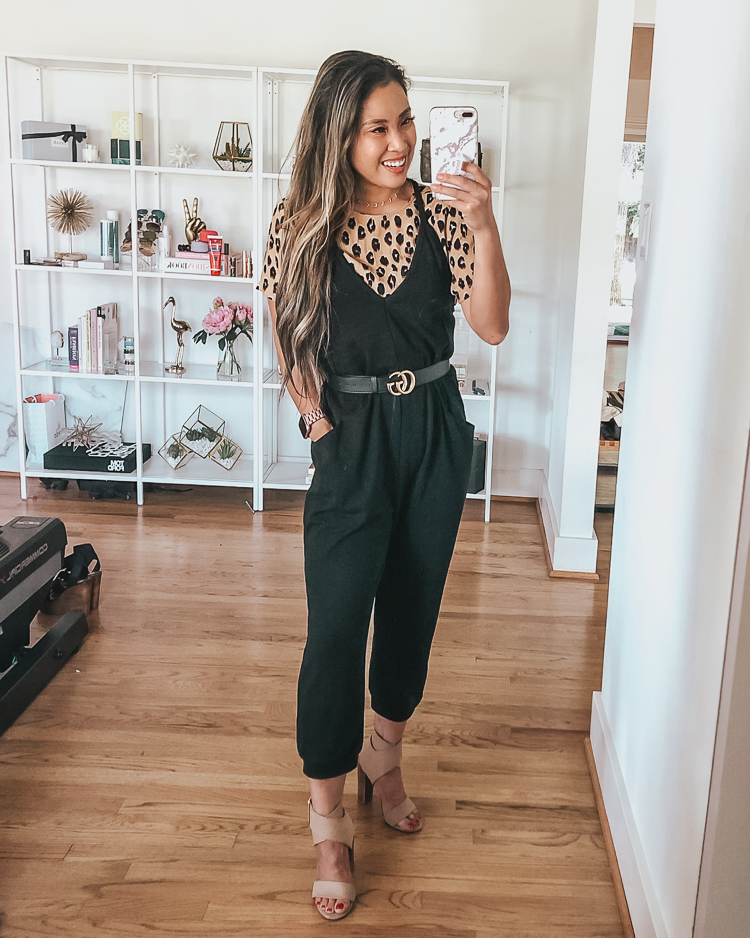 cute & little | dallas petite fashion blog | target august 2019 try-on haul | target wild fable sleeveless knit jumpsuit, target leopard print crepe t-shirt | work office style outfits | August 2019 Top Sellers by popular Dallas petit fashion blog, Cute and Little: image of a woman wearing a Target Wild Fable Women's Sleeveless V-Neck Knit Cropped Jumpsuit.