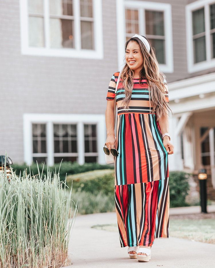 cute & little | popular dallas fashion blog | amazon rainbow stripe maxi dress | casual easy dresses end of summer outfit | Ten Cute Casual Dresses on Amazon Every Girl Should Have by popular petite Dallas fashion blog, Cute and Little: image of a woman wearing a Amazon FSSTORY Womens Boho Casual Loose Rainbow Stripes Print Short Sleeve Maxi Beach Dress, Platform espadrille sandals in two-tone leather, Beach-Bound Knotted Headband, and holding a Gucci GG Marmont matelassé mini bag.