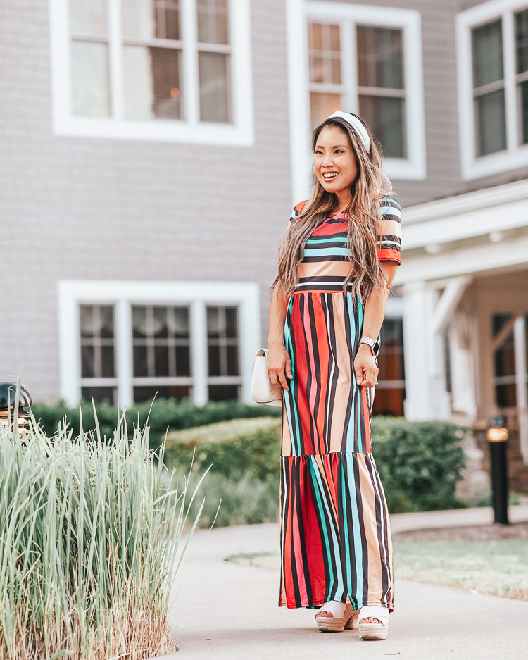 cute & little | popular dallas fashion blog | amazon rainbow stripe maxi dress | casual easy dresses end of summer outfit | Ten Cute Casual Dresses on Amazon Every Girl Should Have by popular petite Dallas fashion blog, Cute and Little: image of a woman wearing a Amazon FSSTORY Womens Boho Casual Loose Rainbow Stripes Print Short Sleeve Maxi Beach Dress, Platform espadrille sandals in two-tone leather, Beach-Bound Knotted Headband, and holding a Gucci GG Marmont matelassé mini bag.