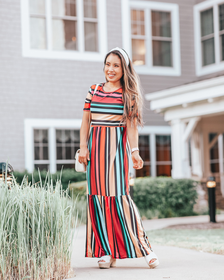 cute & little | popular dallas fashion blog | amazon rainbow stripe maxi dress | casual easy dresses end of summer outfit | August 2019 Top Sellers by popular Dallas petit fashion blog, Cute and Little: image of a woman wearing a Amazon FSSTORY Womens Boho Casual Loose Rainbow Stripes Print Short Sleeve Maxi Beach Dress.