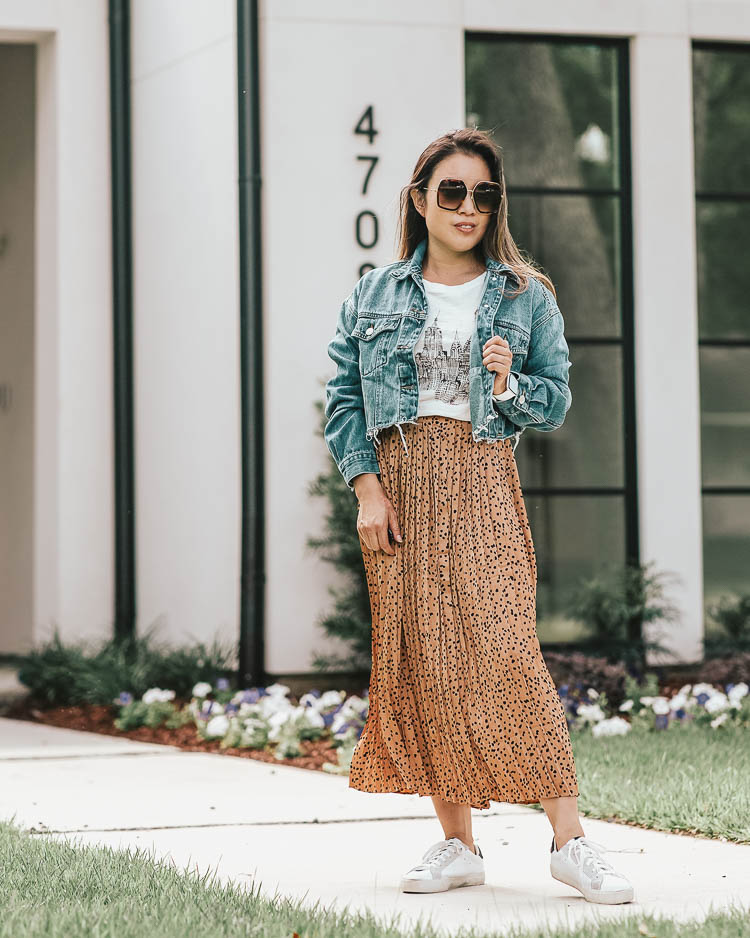 cute & little | popular dallas fashion blog | cropped denim petite jacket, white graphic tee, leopard print pleated midi skirt, star sneakers, forever 21 fall casual weekend mom outfit