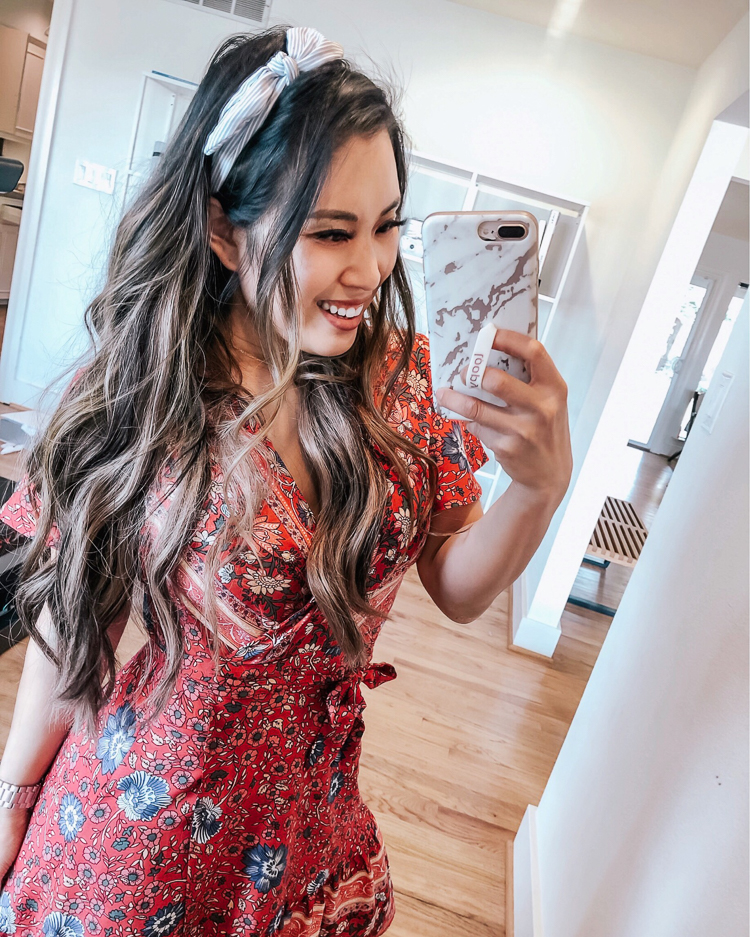 cute & little | august 2019 top sellers | amazon red boho wrap dress | August 2019 Top Sellers by popular Dallas petit fashion blog, Cute and Little: image of a woman wearing a Amazong ZESICA Women’s Summer Wrap V Neck Bohemian Floral Print Ruffle Swing A Line Beach Mini Dress.