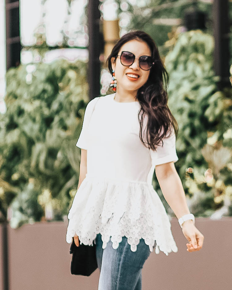 cute & little | popular dallas fashion blog | shopbop stock up sale picks | endless rose lace white peplum top | Shopbop Sale of the Season: 8 Pieces I Own + Recommend by popular Dallas petite fashion blog, Cute and Little: image of a woman outside wearing a Shopbop endless rose Lace Tee.