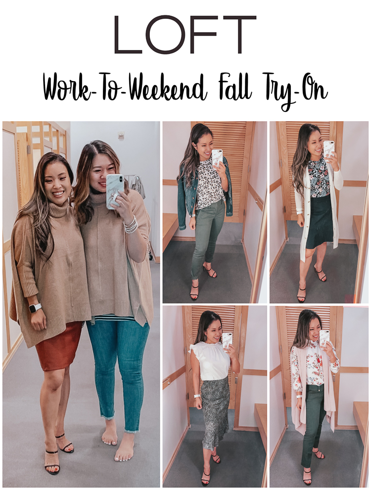 cute & little | popular dallas fashion blog | loft style it 2 ways sandyalamode | work office casual weekend fall outfit style | try-on haul | September LOFT Try On: Work-To-Weekend Style by popular Dallas fashion blog, Cute and Little: image of two women standing in a Loft dressing room and wearing various outfits.