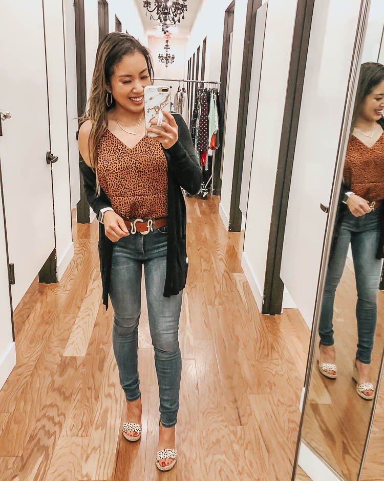 cute & little | dallas petite fashion blog | express fall september october try-on | express black wide placket cardigan, dot print downtown cami
