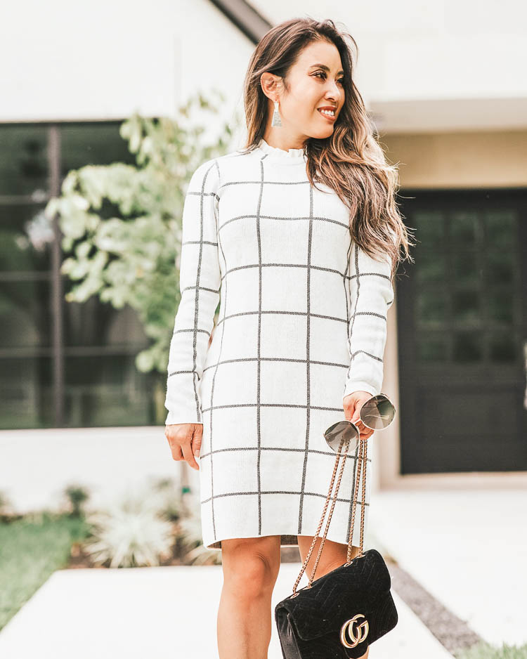 cute & little | popular dallas fashion blog | loft fall outfits for work office | loft windowpane ruffle grid sweater dress