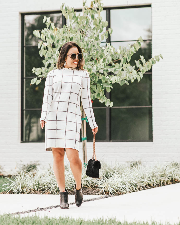 cute & little | popular dallas fashion blog | loft fall outfits for work office | loft windowpane ruffle grid sweater dress