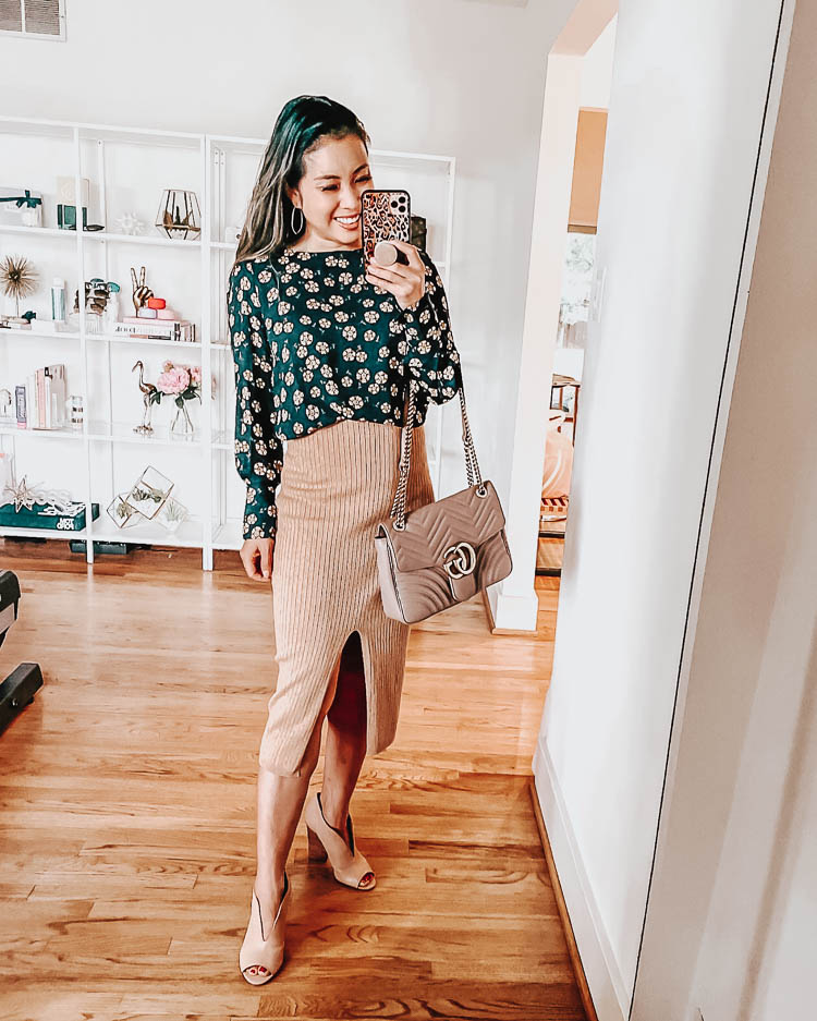 cute & little | popular dallas fashion blog | loft fall outfits for work office | loft floral pleated cuff blouse, free people skyline ribbed pencil skirt 