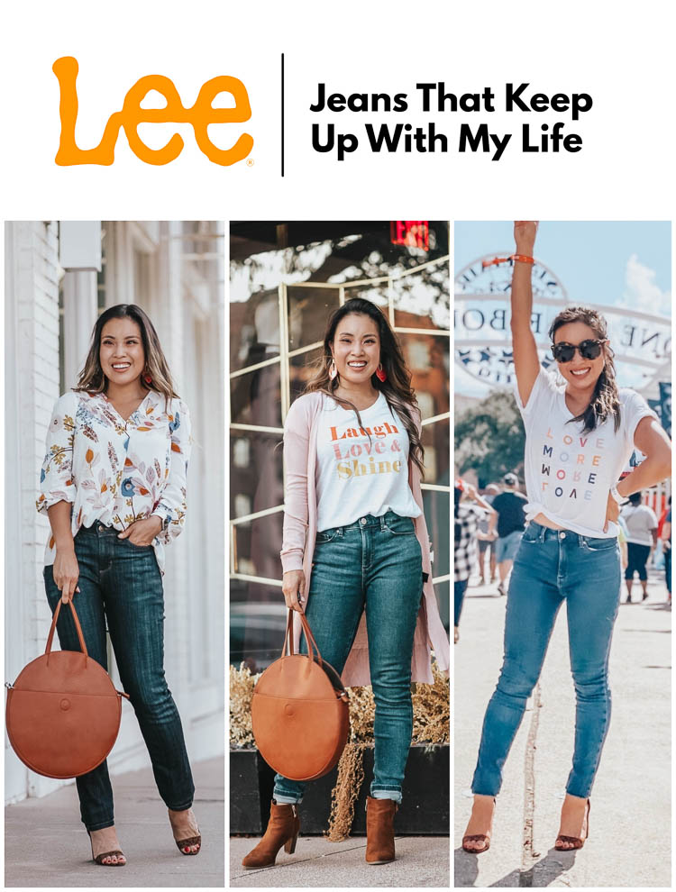 cute & little | popular dallas petite fashion blog | lee jeans legendary sculpting review | The Best Lee Jeans That Keep Up With My Life (Giveaway!!) by popular Dallas petite fashion blog, Cute and Little: collage image of a woman wearing three different pairs of Lee jeans. 