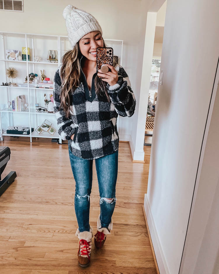 cute & little | dallas petite fashion blog | abercrombie buffalo check sherpa pullover, ae jeans, j.crew nordic boots | fall winter outfit