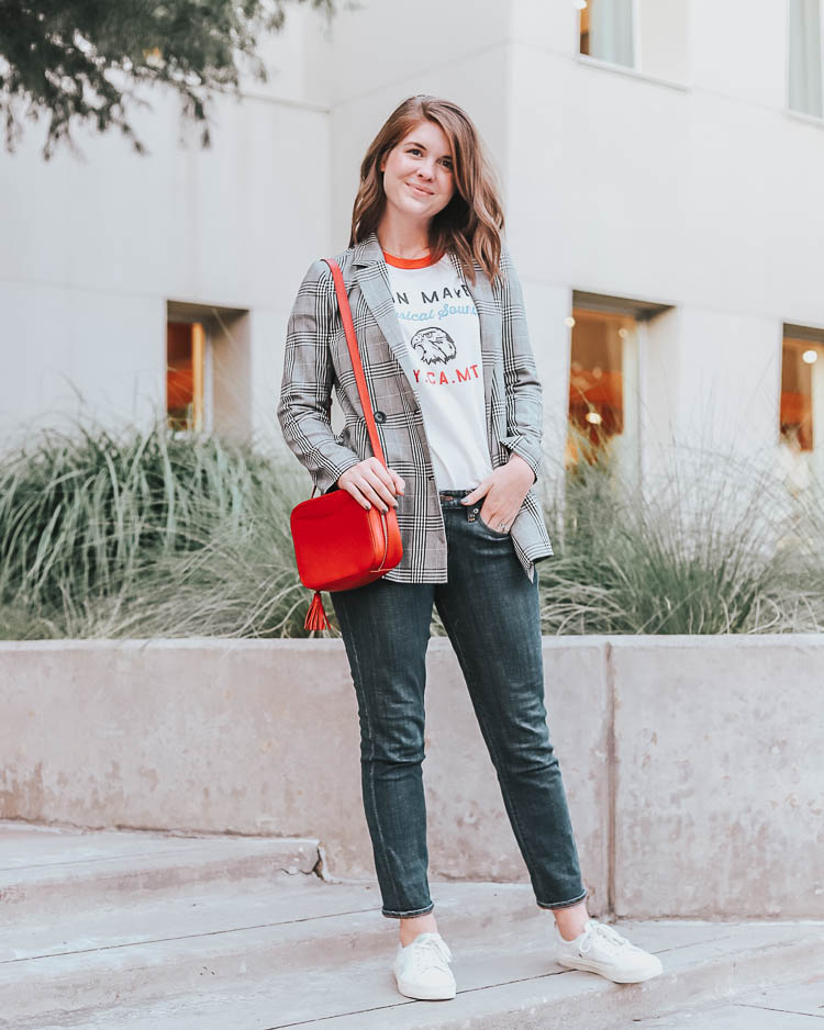 How to wear a Fall Blazer, styling tips featured by top US fashion blog, cute & little: image of a woman wearing a Madewell plaid blazer. | cute & little blog | popular dallas petite fashion blog | style for every body | body positivity | how to style blazer work business casual outfit | madewell glen plaid cardigan, graphic tee, whte sneakers