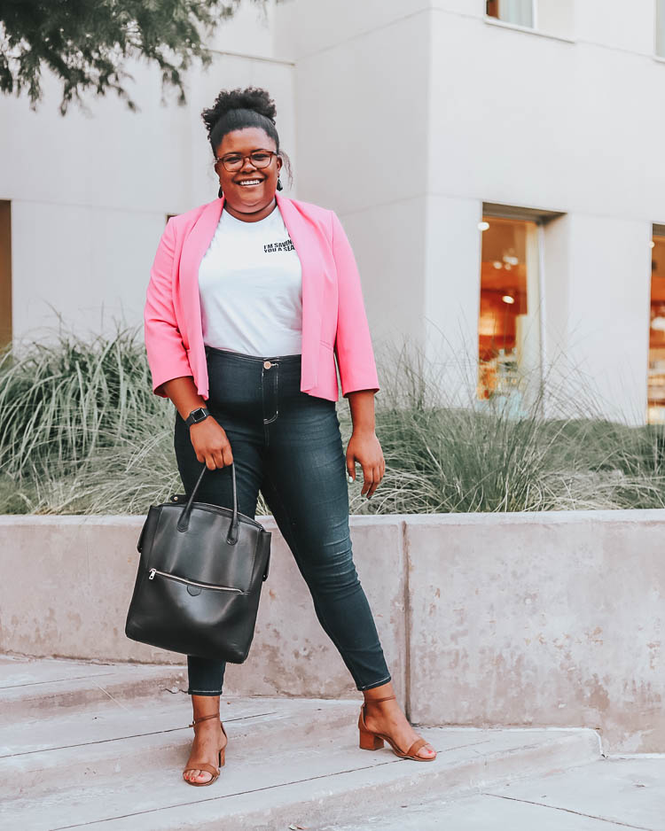 How to wear a Fall Blazer, styling tips featured by top US fashion blog, cute & little: image of a woman wearing a Jasper neon pink blazer. | cute & little blog | popular dallas petite fashion blog | style for every body | body positivity | how to style blazer work business casual outfit | pink cropped blazer, white graphic tee