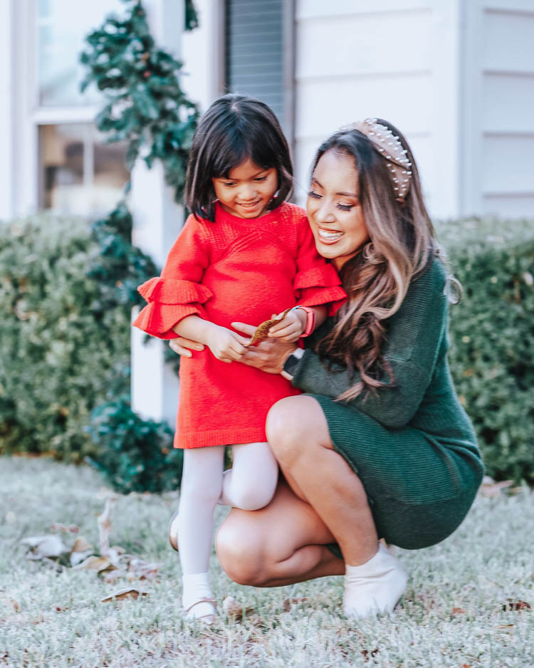 cute & little | family holiday outfits photos christmas card | Happy Holidays and Merry Christmas Wishes!! by popular Dallas life and style blog, Cute and Little: image of a family wearing a SheIn Elastic Waist Slit Hem Surplice Sweater Dress and Amazon Yaxunteng Pearl Headband.