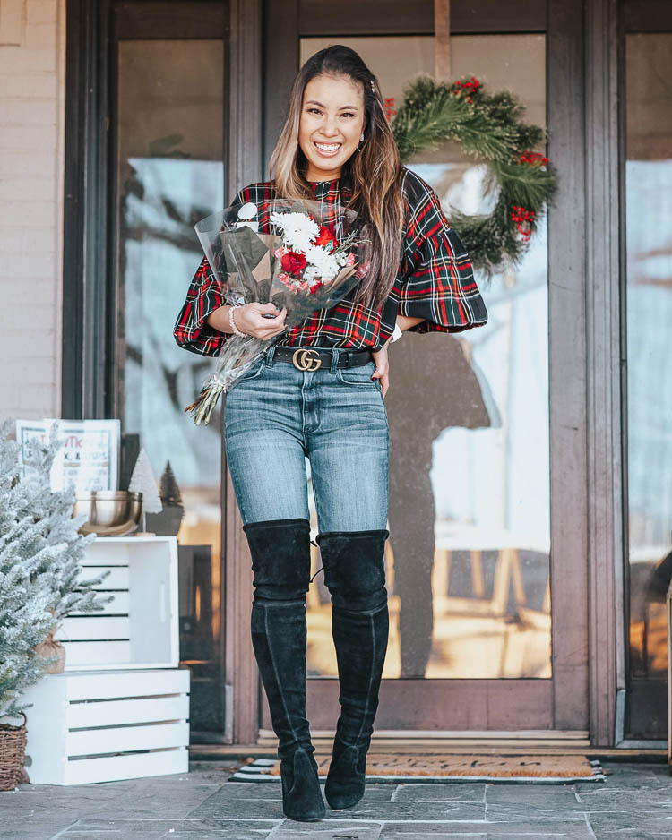 cute & little | dallas mom lifestyle blog | spread joy through the holidays | random acts of kindness with kids | 12 Easy Ways to Spread Joy This Holiday by popular Dallas life and style blog, Cute and Little: image of a woman wearing a Loft PLAID BUTTON BACK BALLOON SLEEVE BLOUSE, American Eagle AE NE(X)T LEVEL HIGHEST WAIST JEGGING, Gucci Leather belt with Double G buckle, and Express Set Of 4 Resin Star Hair Clips.