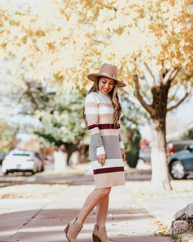 cute & little | popular dallas petite fashion blog | loft striped sweater dress outfit, felt fall hat, ankle booties | fall winter work outfit | Cute Sweater Dresses by popular Dallas petite fashion blog, Cute and Little: image of a woman outside wearing a Loft STRIPED MOCK NECK SWEATER DRESS, and Nordstrom Treasure and Bond Snakeskin Trim Wool Panama Hat.