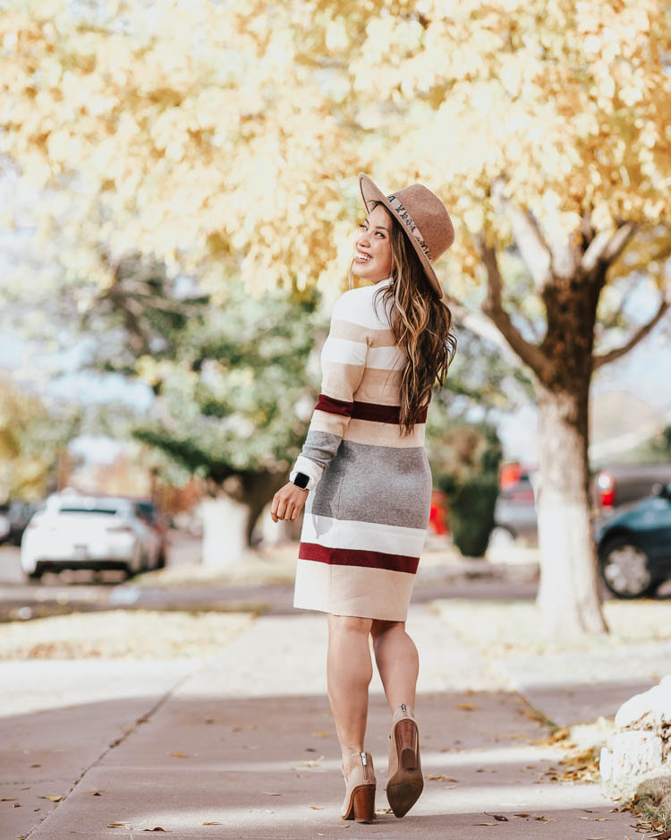 cute & little | popular dallas petite fashion blog | loft striped sweater dress outfit, felt fall hat, ankle booties | fall winter work outfit | Cute Sweater Dresses by popular Dallas petite fashion blog, Cute and Little: image of a woman outside wearing a Loft STRIPED MOCK NECK SWEATER DRESS, and Nordstrom Treasure and Bond Snakeskin Trim Wool Panama Hat.