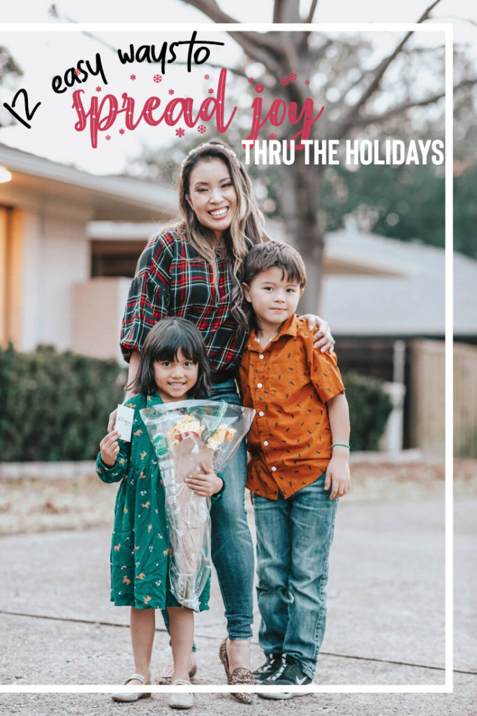 cute & little | dallas mom lifestyle blog | spread joy through the holidays | random acts of kindness with kids | 12 Easy Ways to Spread Joy This Holiday by popular Dallas life and style blog, Cute and Little: image of a woman wearing a Loft PLAID BUTTON BACK BALLOON SLEEVE BLOUSE, American Eagle AE NE(X)T LEVEL HIGHEST WAIST JEGGING, Gucci Leather belt with Double G buckle, and Express Set Of 4 Resin Star Hair Clips and standing outside with her kids. 