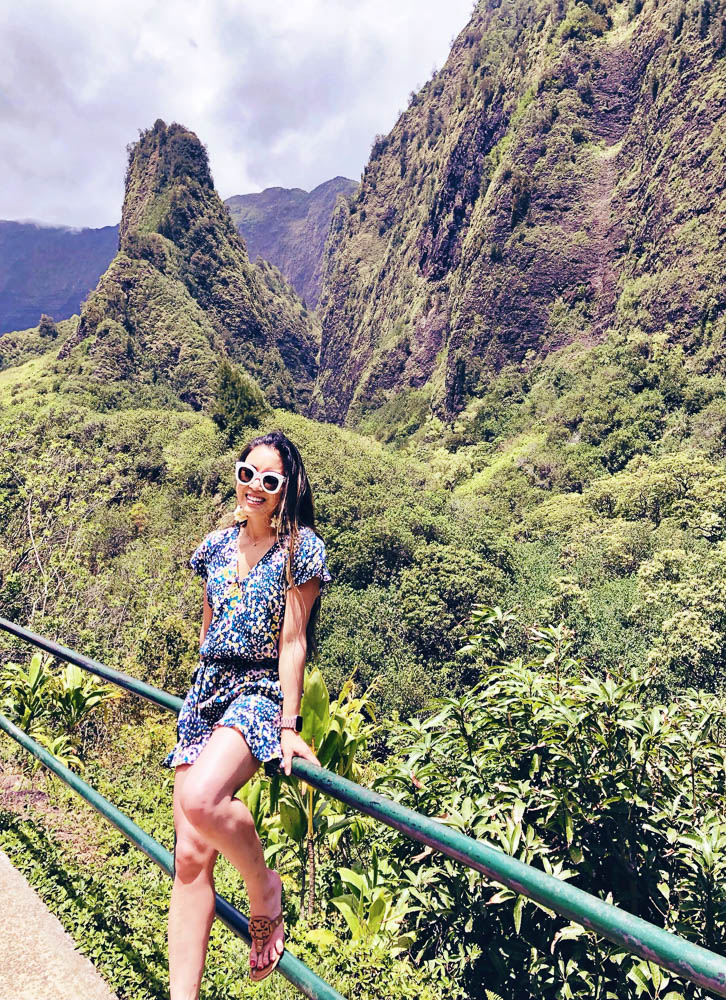 cute & little | dallas travel blog | maui hawaii vacation travel guide | iao valley hiking | Maui Travel Tips: Off The Beaten Path by popular Dallas travel blog, Cute and Little: image of a woman hiking Iao valley and wearing a Loft LOFT BEACH FLORAL TIE WAIST ROMPER and Nordstrom Tory Burch Miller Flip Flop.
