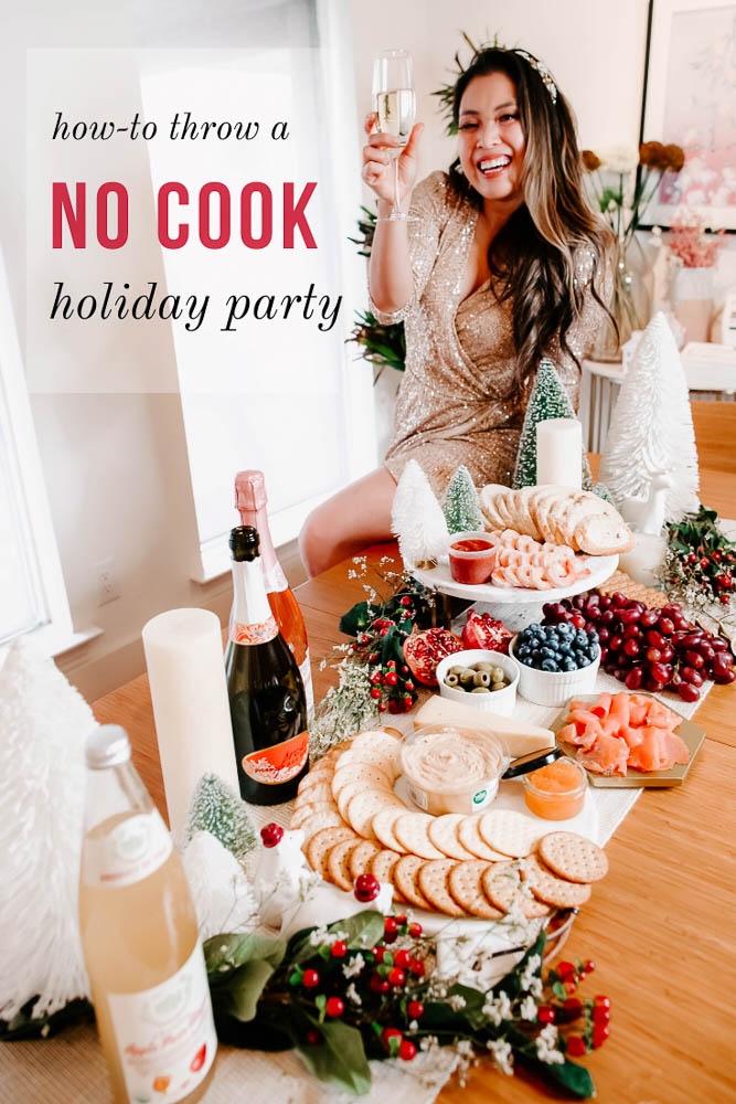 cute & little | dallas mom lifestyle blog | how to throw no-cook holiday new years party whole foods affordable | How-To Throw Holiday Party with No Cook Appetizers by popular Dallas life and style blog, Cute and Little: image of a woman wearing gold sequin dress and sitting on a table set with wine and no bake appetizers.