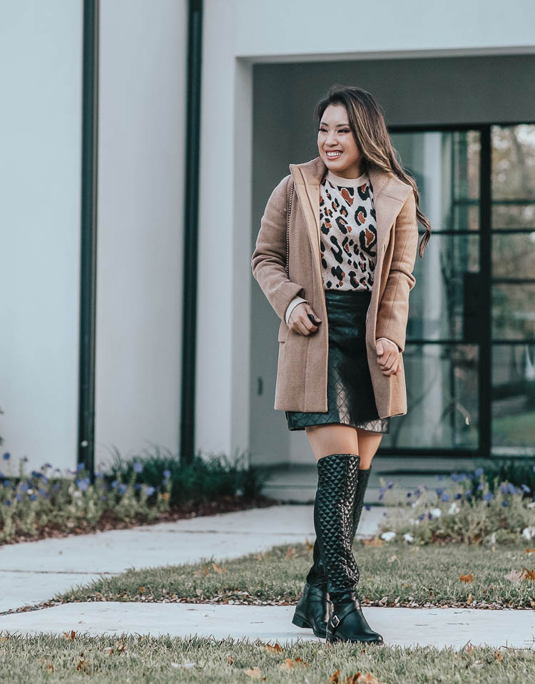 cute & little | dallas petite fashion blog | j.crew factory city camel wool coat, leopard print sweater, black mini skirt, just fab quilted otk over knee boots | winter outfit | How I Created an Effective To Do List by popular Dallas lifestyle blog, Cute and Little: image of a woman wearing a J. Crew New city coat, Target A New Day Women's Leopard Print Rib-Knit Cuff Crewneck Pullover Sweater, SheIn leather mini skirt, and JustFab Rida Flat Boot.