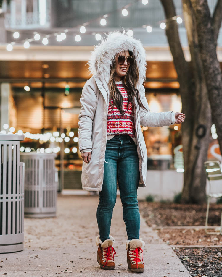 cute & little | dallas petite fashion blog | winter puffer coat faux fur hood, fair isle sweater, ae high waisted jeans, sherpa j.crew nordic boots | winter cold weather outfit | The Ultimate Abercrombie Parka You Need by popular Dallas petite fashion blog, Cute and Little: image of a woman wearing a Abercrombie Ultra Technical Parka, Loft PETITE STRIPED FAIRISLE SWEATER, American Eagle AE NE(X)T LEVEL HIGHEST WAIST JEGGING, J. Crew Nordic boots, and Gucci Oversize square-frame metal sunglasses.