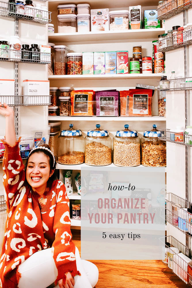 cute & little | dallas lifestyle blog | small pantry organization ideas tips | 5 Easy Tips for Small Pantry Organization by popular Dallas lifestyle blog, Cute and Little: Pinterest image of a woman sitting in front of her organized small pantry.