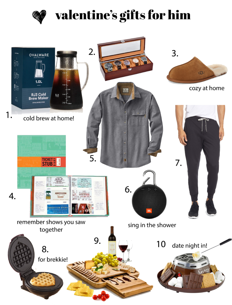 cute & little blog | valentines day gift guide for him | Amazon Valentine's Day Gifts for Him: collage image of a Amazon Airtight Cold Brew Iced Coffee Maker and Tea Infuser with Spout, Amazon JINDILONG Watch Case for Men, Amazon Ticket Stub Diary, Nordstrom UGG Scuff Slipper, Amazon Legendary Whitetails Mens Buck Camp Flannel Shirt, Amazon JBL Clip 3 Portable Waterproof Wireless Bluetooth Speaker, Nordstrom Sunday Performance Jogger Sweatpants VUORI, Amazon Dash DMW001HR Mini Maker Machine Shaped Individual Waffles, Amazon Bambusi Bamboo Cheese Board, and Amazon Nostalgia SMM200 Indoor Electric Stainless Steel S'mores Maker.