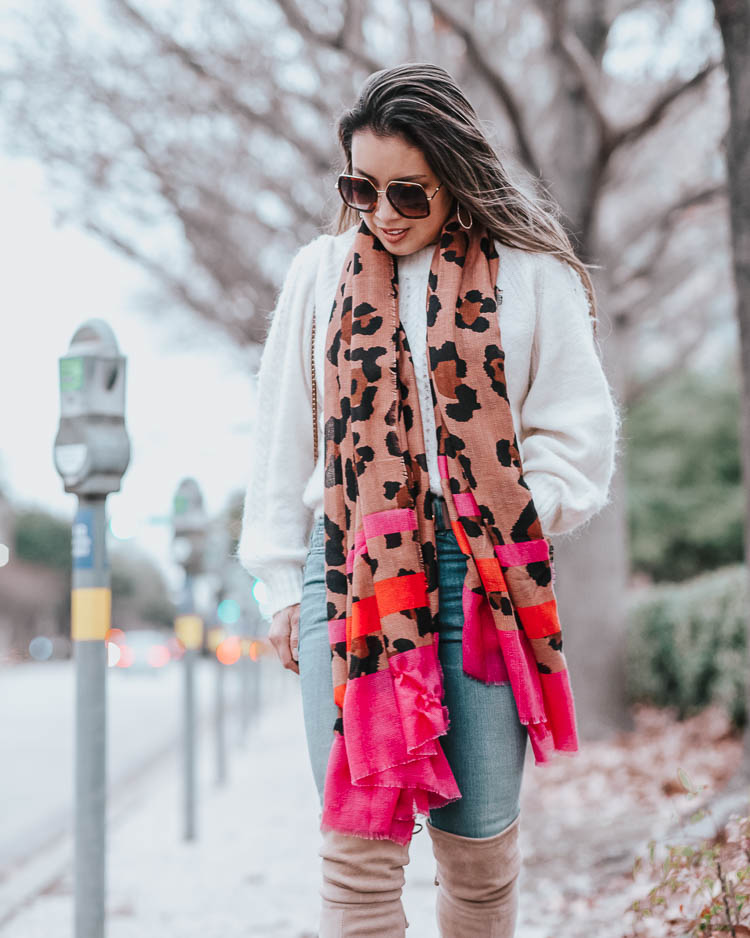 cute & little | dallas petite fashion blog | sole society exotic leopard pink stripe scarf, taupe stuart weitzman otk boots | winter spring outfit