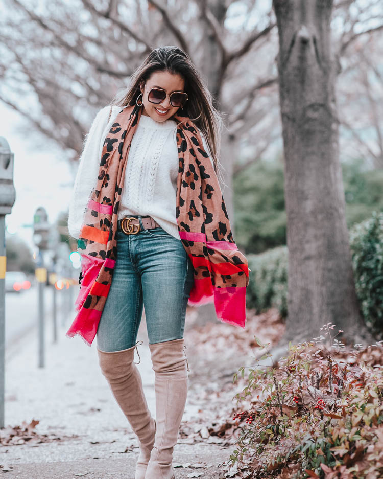 cute & little | dallas petite fashion blog | sole society exotic leopard pink stripe scarf, taupe stuart weitzman otk boots | winter spring outfit 