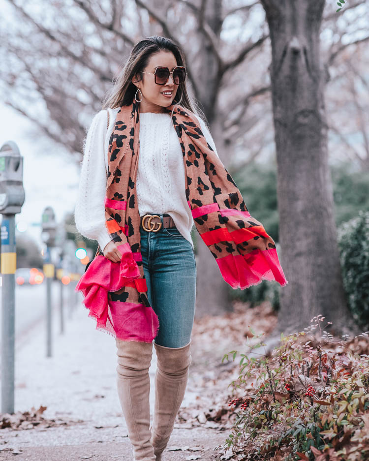 cute & little | dallas petite fashion blog | sole society exotic leopard pink stripe scarf, taupe stuart weitzman otk boots | winter spring outfit 