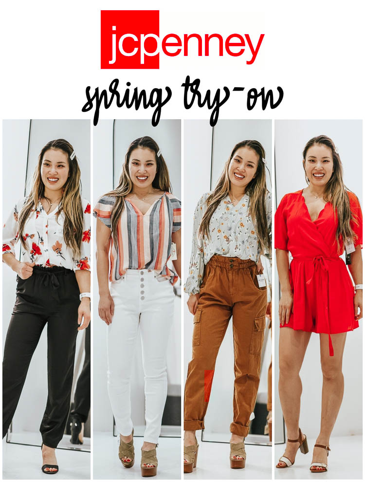 cute & little | dallas petite fashion blog | penney's styling room review | jcpenney spring try-on haul | JCPenney Favorites by popular Dallas fashion blog, Cute and Little: collage image of a woman wearing various spring outfits from JCPenney.