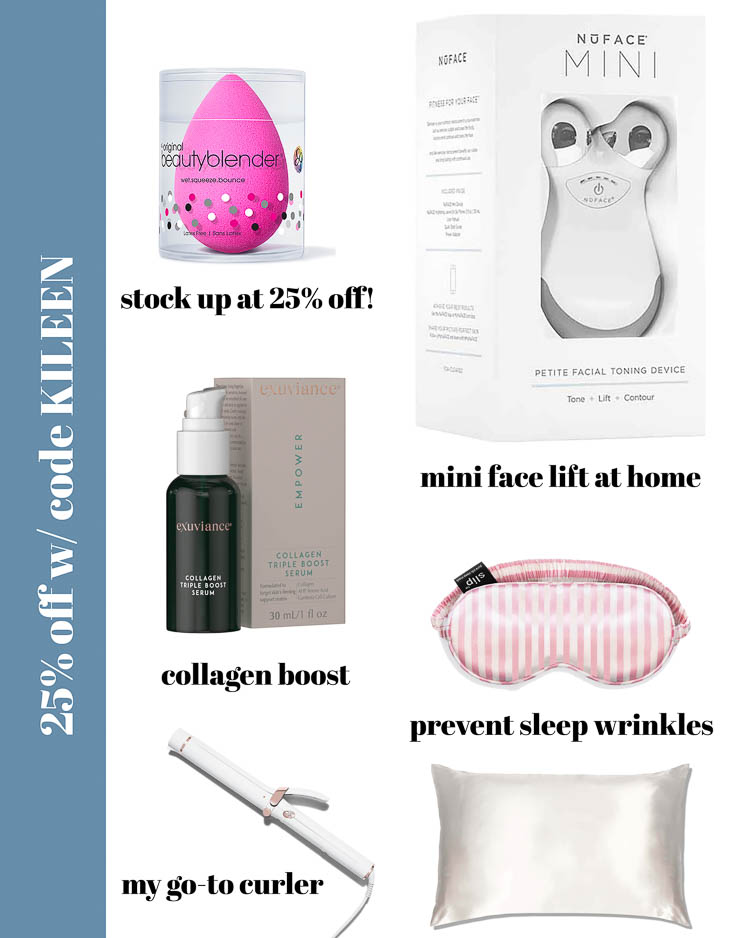 cute & little blog | 5 products for better beauty sleep | overnight beauty products | Beauty Sleep Products by popular Dallas beauty blog, Cute and Little: collage image of Empower collagen boost, T3 hair curler, Slip silk pillow case, Slip eye mask, Nuface mini facial device, and Beauty Blender.