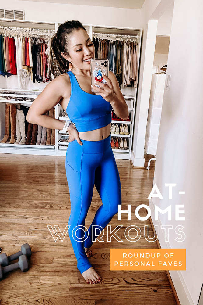cute & little | dallas fitness lifestyle blogger | at home workouts | Best Online Home Workouts by popular Dallas lifestyle blog, Cute and Little: Pinterest image of a woman wearing blue workout clothes and standing next to some hand weights.