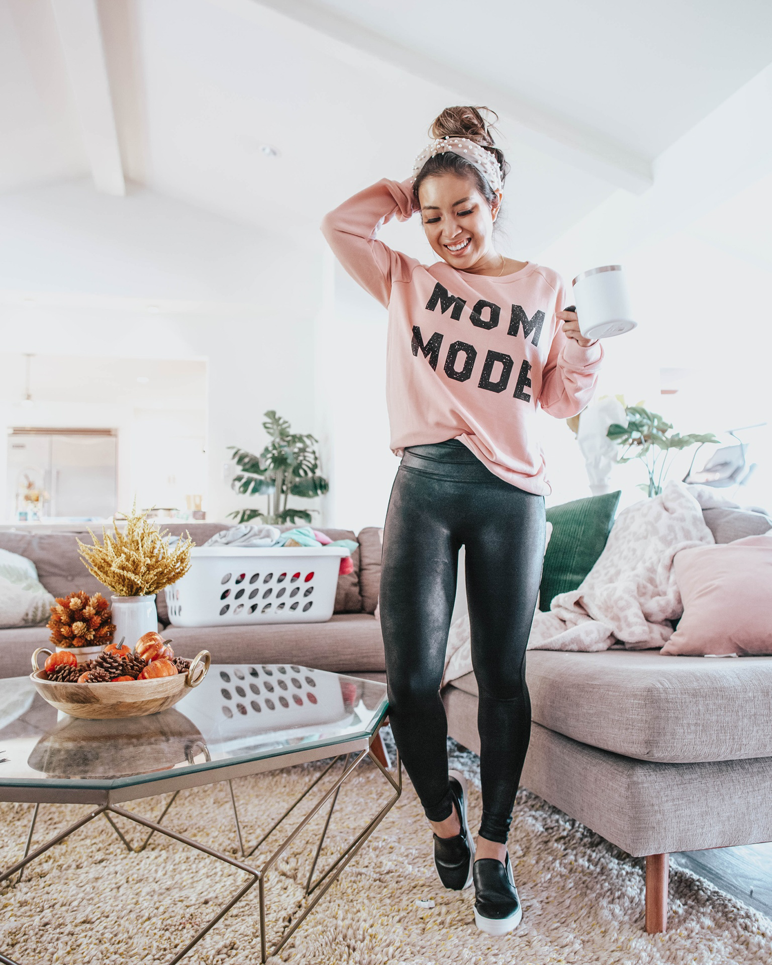 cute & little | dallas fashion mom blogger | mothers day 2020 gift guide ideas | mom mode amazon sweatshirt, spanx faux leather leggings, black slip-on sneakers