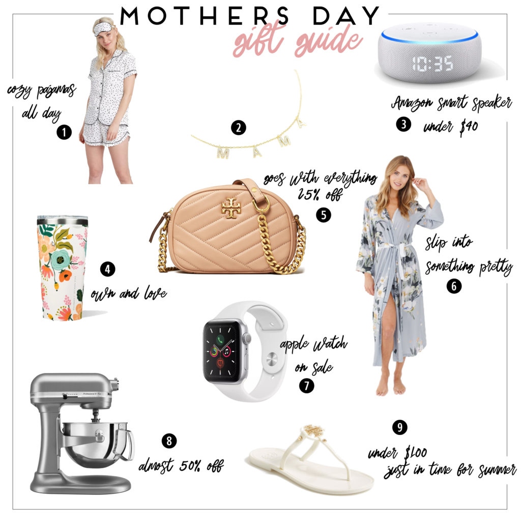 cute & little | dallas fashion mom blogger | mothers day 2020 gift guide ideas | Mother's Day Gift Ideas by popular Dallas life and style blog, Cute and Little: collage image of a Tory Burch camera bag, mama necklace, tory burch sandals, Kitchenaid mixer, Amazon smart speaker, Apple watch, floral print insulated tumbler, Plum Pretty Sugar Ankle Length Floral Robe. Lovestoned, and Target Women's 3 Piece Polka Dot Satin Notch Collar Pajama Set.