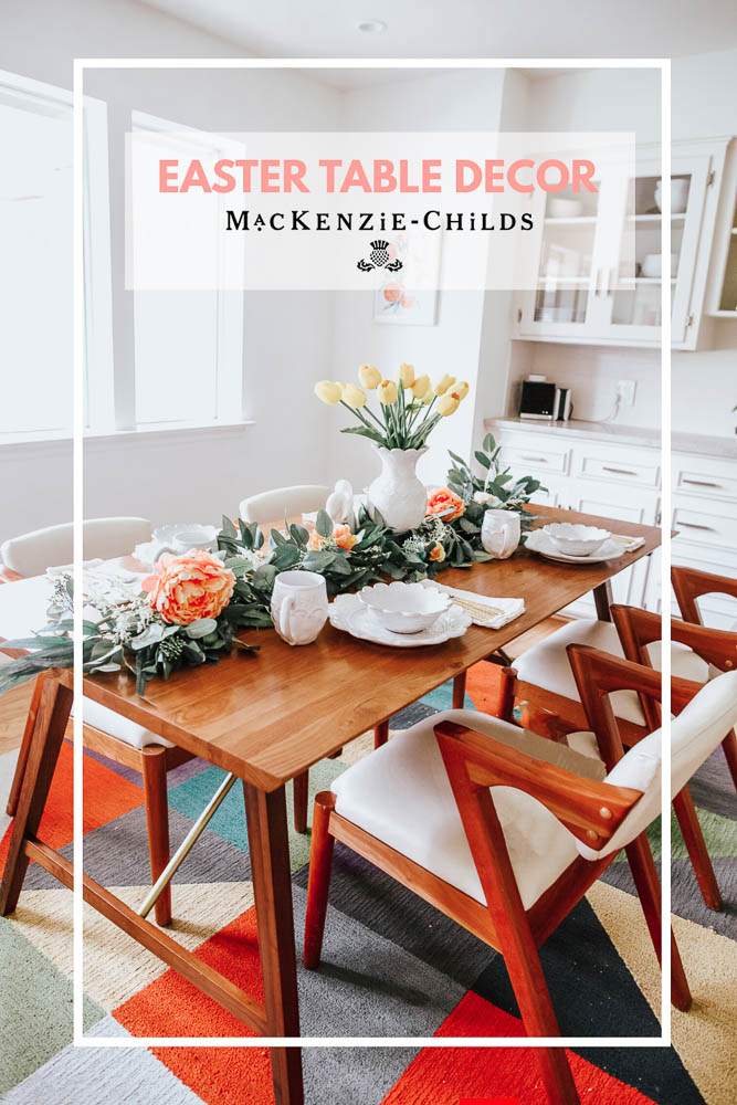 cute & little blog | dallas lifestyle influencer | mackenzie childs sale | easter table decor kitchen spring decorations | casual breakfast nook  | Mackenzie Childs Sale by popular Dallas life and style blog, Cute and Little: Pinterest image of Mackenzie Childs Easter table decor.