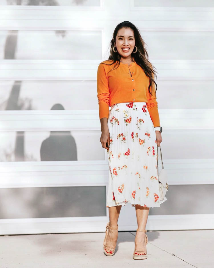 cute & little | loft april try-on | loft mustard yellow cropped cami, loft white floral pleated midi skirt | spring outfit