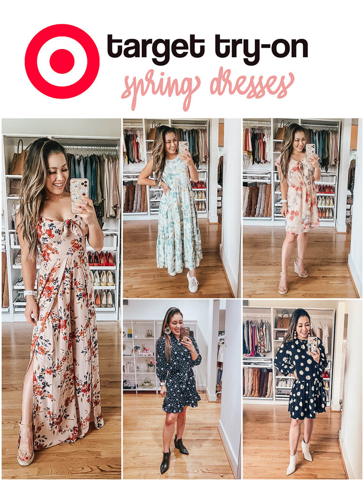 cute & little | dallas petite fashion blog | target spring dress april try-on haul | Target Spring Dresses by popular Dallas petite fashion blog, Cute and Little: collage image of a woman wearing various Target spring dresses.