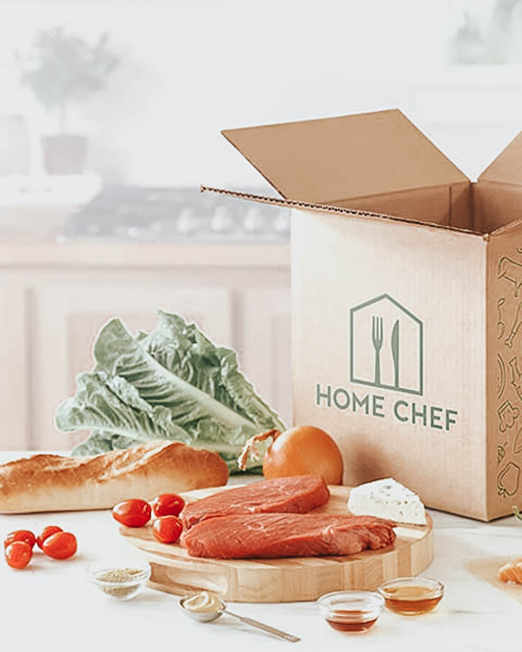 comparing 5 different home meal delivery kits | best meal delivery kit | home chef review | Meal Delivery Service Reviews by popular Dallas lifestyle blog, Cute and Little: image of a Home Chef box next to some steak meat, bread, and romaine lettuce. 