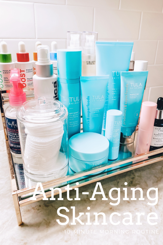 cute & little | dallas beauty blog | anti-aging morning skincare routine order 30s | Morning Skin Care Routine by popular Dallas beauty blog, Cute and Little: image of Tula and Paula's Choice skin care products on a gold mirrored vanity tray.