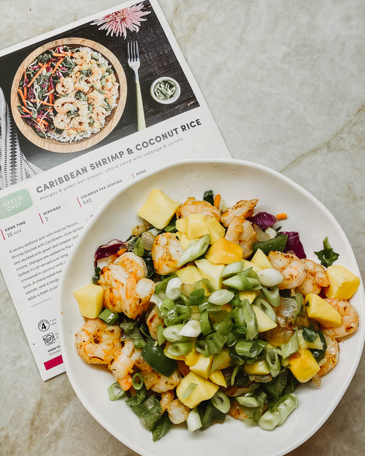 comparing 5 different home meal delivery kits | best meal delivery kit | green chef review | Meal Delivery Service Reviews by popular Dallas lifestyle blog, Cute and Little: image of Caribbean Shrimp and Coconut Rice from Green Chef. 