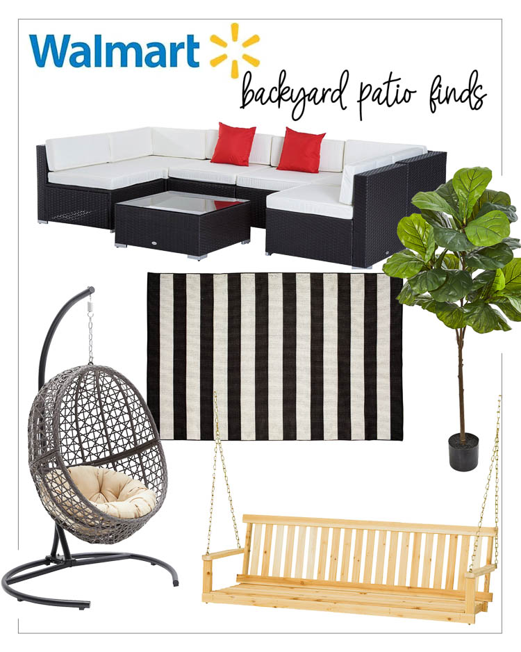 cute & little | dallas fashion lifestyle blogger | walmart outdoor backyard patio | Backyard Patio by popular Dallas life and style blog, Cute and Little: collage image of a Walmart Outsunny Rattan Wicker 7 Piece Sectional Patio Conversation Set With White Cushions, Walmart Better Homes & Gardens 6' x 9' Ibiza Stripe Indoor Outdoor Area Rug, Walmart Nearly Natural 54” Fiddle Leaf Artificial Tree, Walmart Belham Living Resin Wicker Hanging Egg Chair with Cushion and Stand, and Walmart Jack Post Jennings 5' Swing with Chains.