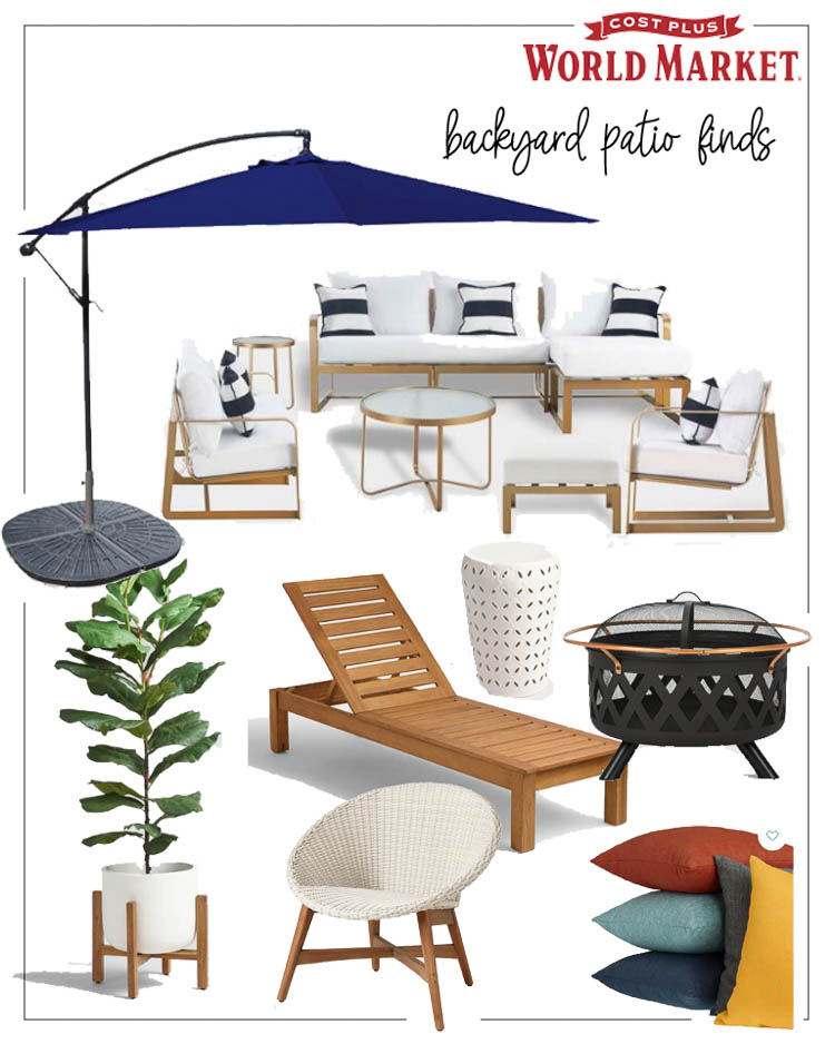 cute & little | dallas fashion lifestyle blogger | world market outdoor backyard patio | Backyard Patio by popular Dallas life and style blog, Cute and Little: collage image of a World Market blue patio umbrella, World Market Gold Laila Outdoor Occasional Collection, World Market Wood Praiano Outdoor Chaise Lounge, World Market White Punched Metal Lili Accent Stool, World Market Black And Copper Geo Cutout Malkin Fire Pit, World Market Ceramic Sevilla Outdoor Planter, World Market Round All Weather Wicker Vernazza Outdoor Chair, and World Market Solid Outdoor Throw Pillow.