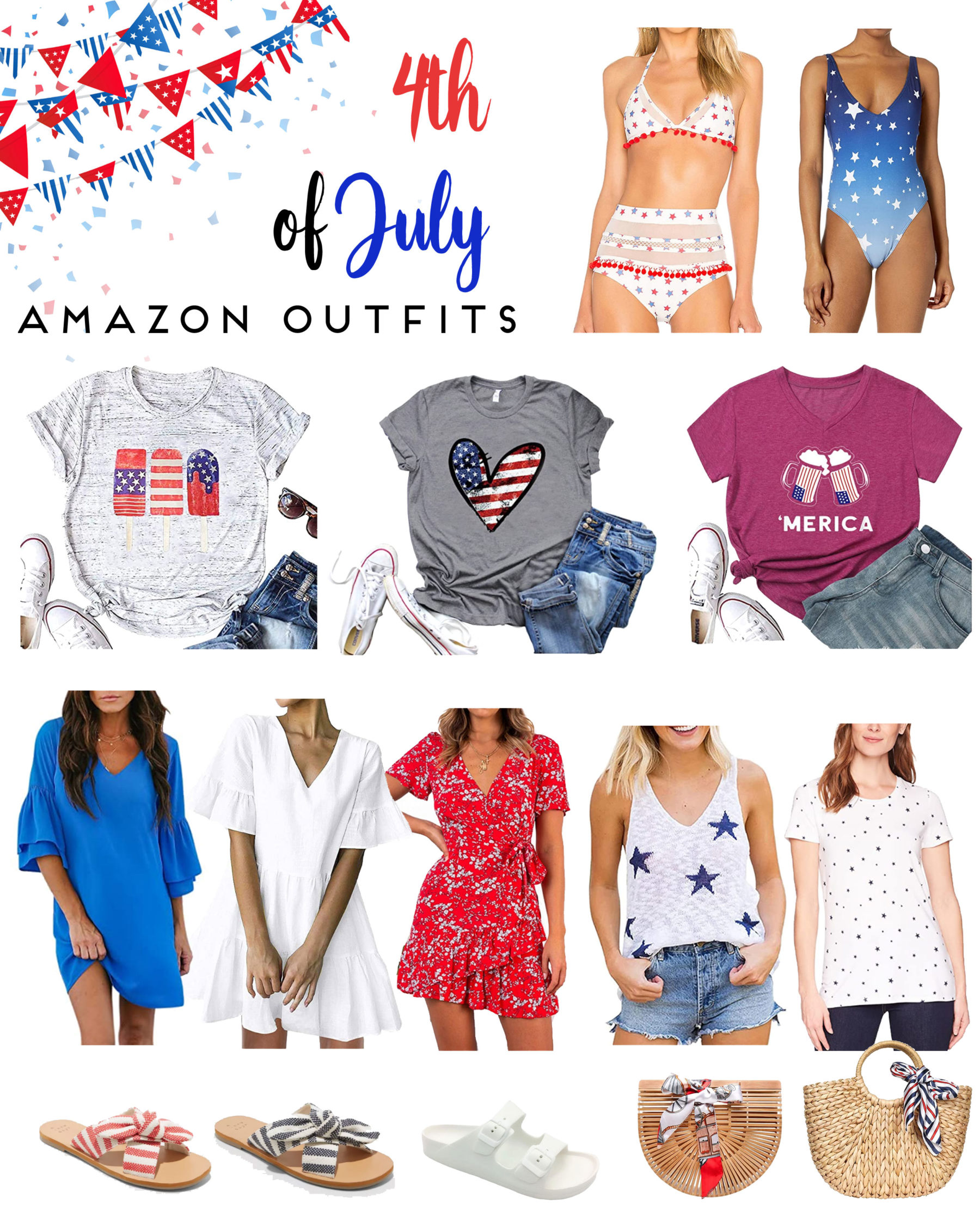 cute & little | dallas petite fashion blogger | cute 4th of july independence day outfit ideas | amazon | 4th of July Outfits by popular Dallas petite fashion blogger, Cute and Little: collage image of a Amazon Halter Tie Back High Waist Triangle Bikini Set, Amazon Rip Curl Women's Rising Star Americana Ombre One Piece Swimsuit, Amazon INMOON Women American Flag Popsicle Graphic Tee, Amazon Womens American Flag T-Shirt, Amazon Women's 4Th of July Short Sleeve American Flag T-Shirt, Amazon BELONGSCI Women's Dress Sweet & Cute V-Neck Bell Sleeve Shift Dress Mini Dress, Amazon FANCYINN Women’s Cute Shift Dress with Pockets Fully Lined Bell Sleeve Ruffle Hem V Neck Loose Swing Tunic Mini Dress, Amazon Relipop Summer Women Short Sleeve Print Dress V Neck Casual Short Dress, Amazon CinShein Womens Vest Summer Knit Tank Tops, Amazon Essentials Women's 2-Pack Classic-Fit Short-Sleeve Crewneck T-Shirt, Target Women's Livia Knotted Bow Slide Sandals, Amazon Obosoyo Women's Handmade Bamboo Handbag Summer Beach Sea Tote Bag, Amazon Summer Rattan Bag for Women Straw Hand-woven Top-handle Handbag Beach Sea Straw Rattan Tote Clutch Bag, and Amazon FUNKYMONKEY Women's Comfort Slides Double Buckle Adjustable EVA Flat Sandals. 